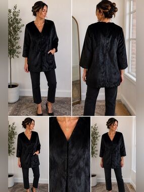 Genuine Rabbit Fur Coat Women L Black 3/4 Sleeve Hook Closure Lightweight